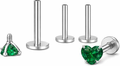 Titanium Heart CZ Labret Stud Earrings for Piercings by Ginger Lyne 6Pc Set G23 Screw Front Flat Back Body Jewelry 2 pair post 6mm, 8mm Cartilage, Helix, Tragus, Lip, Conch, Lobe in Saudi Arabia