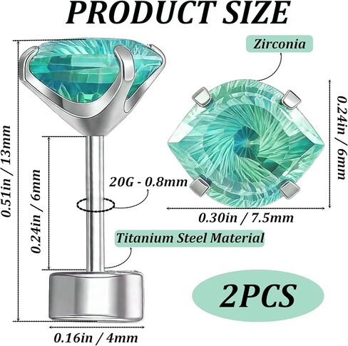 أقراط من التيتانيوم على شكل عين شريرة مسطحة الظهر، مسامير خلفية لولبية خضراء زمردية، لا تسبب الحساسية للأذنين الحساسة، مجوهرات ثقب قيلولة النوم للنساء والفتيات غضروف هيليكس تراغوس، 20 جرام 6 مم in Kuwait