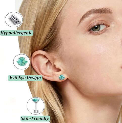 أقراط من التيتانيوم على شكل عين شريرة مسطحة الظهر، مسامير خلفية لولبية خضراء زمردية، لا تسبب الحساسية للأذنين الحساسة، مجوهرات ثقب قيلولة النوم للنساء والفتيات غضروف هيليكس تراغوس، 20 جرام 6 مم in Kuwait