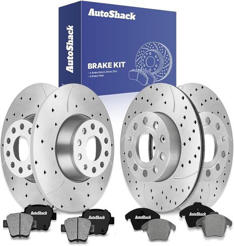 AutoShack Front Vented & Rear Solid Drilled & Slotted Silver Zinc Coated Brake Rotors + Ceramic Pads 12-PC Brake Kit Replacement for 2011-2014 Volkswagen Jetta SilverShield Pro in Saudi Arabia