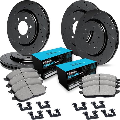 R1 Concepts Front and Rear Brake Kit For 2005-2024 Nissan Frontier, 2005-2015 Nissan Xterra| Drilled Slotted Brake Rotors| Ceramic Brake Pads and Rotors Kit| Hardware included in Saudi Arabia
