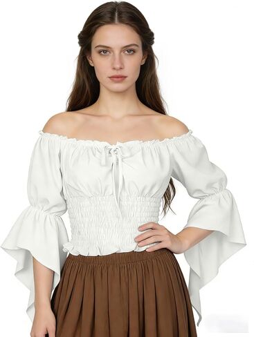 Women's Renaissance Peasant Blouse Medieval Off Shoulder Shirt Pirate Top for Ren Faire in Kuwait
