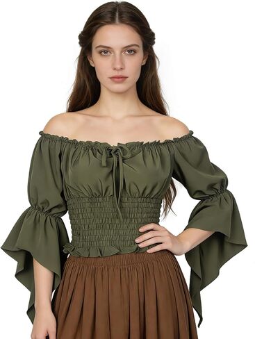 بلوزة فلاحية من عصر النهضة للسيدات من القرون الوسطى بدون أكتاف وقميص قرصان من أجل Ren Faire in Kuwait
