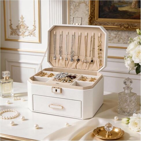 صندوق تنظيم المجوهرات من Greenfeather للنساء، صندوق تخزين مزخرف بغطاء، صندوق مجوهرات مع قفل ومفتاح، تخزين مجوهرات بطبقتين للقلائد والخواتم والأقراط والأساور، أسود لامع، تصميم مثمن in Saudi Arabia