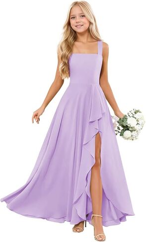 فساتين وصيفة الشرف للصغار للفتيات في سن المراهقة رقبة مربعة طويلة من الشيفون فستان فتاة الزهور الكشكشة ثوب زفاف رسمي 2-16 سنة in Kuwait