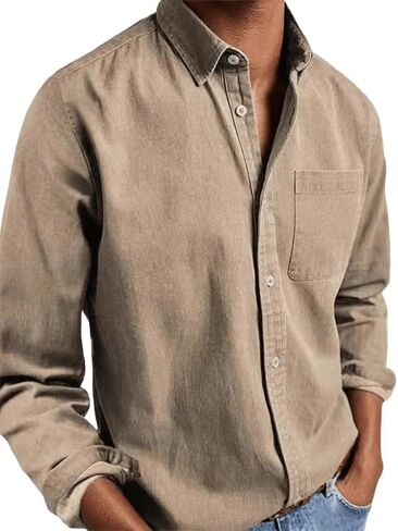 Mens Button Down Shirt Long Sleeve Vintage Cotton Lapel V Neck Shirt Business Casual Office Tops in Saudi Arabia