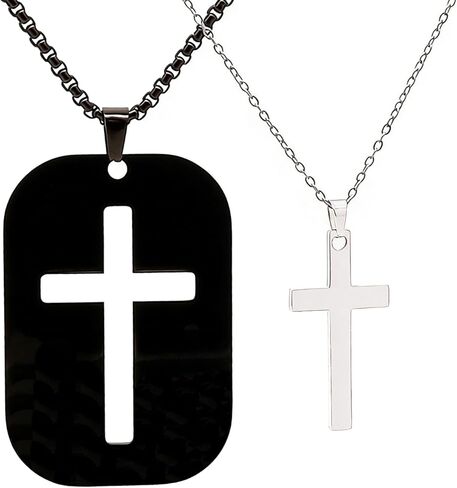 Cross Necklace For Couples Silver Black Stainless Steel Pendant Box Chain Goth Cool Big 2 Pack Couples Cross Necklace Matching Set For Him And Her Bf And Gf Best Friends Family in Kuwait