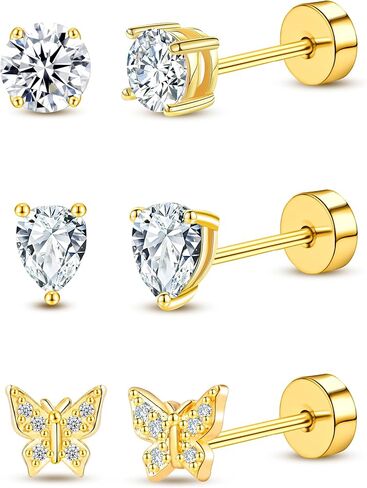 أقراط ذهبية مسطحة الظهر للنساء لا تسبب الحساسية 14 قيراط مطلية بالذهب صغيرة هوجي هوب برغي خلفي أقراط ترصيع للأذنين الحساسة أقراط الغضروف مجموعة مكدس لثقب متعدد 20 جرام in Kuwait