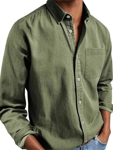 Mens Button Down Shirt Long Sleeve Vintage Cotton Lapel V Neck Shirt Business Casual Office Tops in Kuwait