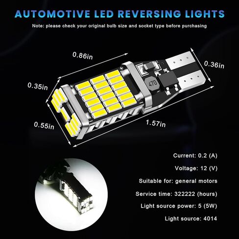 4 PCS LED Reverse Lights, T15 45SMD-4014 Chipsets Backup Light Error Free Turn Signal Bulbs, Non Polarity 6500K Super Bright Brake Light Bulb Replacement, Car Accessories (White) in Saudi Arabia