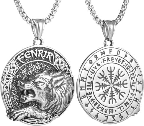 Men'S Gothic Punk Hip-Hop Rock Viking Wolf Head Round Pendant Necklace,Norwegian Viking Rune On The Back,316L Stainless Steel, Silver Stainless Steel Square Pearl Chain, Retro Nordic Talisman in Saudi Arabia