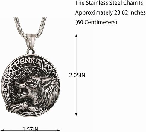 Men'S Gothic Punk Hip-Hop Rock Viking Wolf Head Round Pendant Necklace,Norwegian Viking Rune On The Back,316L Stainless Steel, Silver Stainless Steel Square Pearl Chain, Retro Nordic Talisman in Saudi Arabia