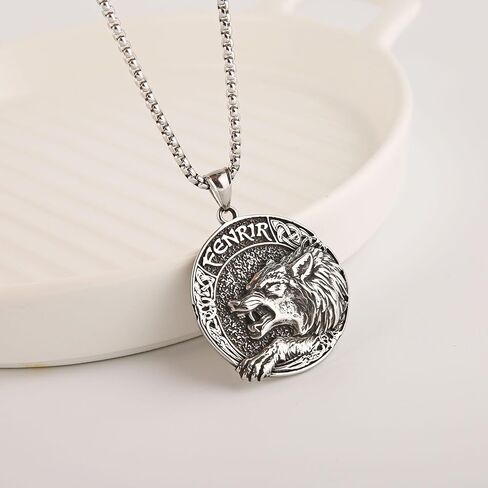 Men'S Gothic Punk Hip-Hop Rock Viking Wolf Head Round Pendant Necklace,Norwegian Viking Rune On The Back,316L Stainless Steel, Silver Stainless Steel Square Pearl Chain, Retro Nordic Talisman in Saudi Arabia