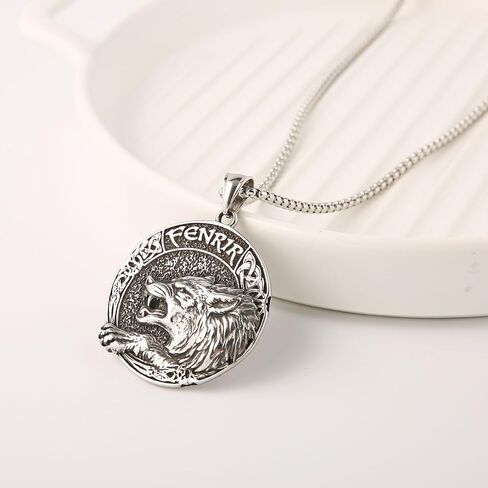 Men'S Gothic Punk Hip-Hop Rock Viking Wolf Head Round Pendant Necklace,Norwegian Viking Rune On The Back,316L Stainless Steel, Silver Stainless Steel Square Pearl Chain, Retro Nordic Talisman in Saudi Arabia