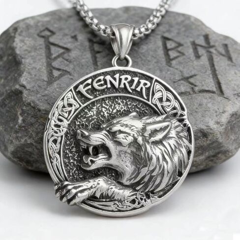 Men'S Gothic Punk Hip-Hop Rock Viking Wolf Head Round Pendant Necklace,Norwegian Viking Rune On The Back,316L Stainless Steel, Silver Stainless Steel Square Pearl Chain, Retro Nordic Talisman in Saudi Arabia