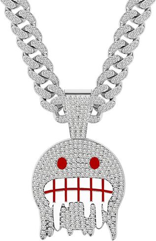 قلادة سلسلة رموز تعبيرية مثلج من Aroncent: سلسلة ألماس كوبية مقاس 20 بوصة مع قلادة أسنان ذات عيون زرقاء - هدية مجوهرات الهيب هوب in Kuwait