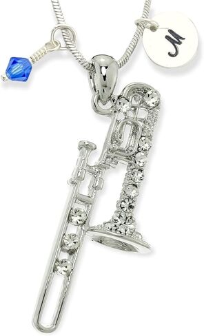 Personalized Trombone Necklace Pendant Hand Stamped Initial Letter Charm Sparkling Crystals Birthstone Charm Chain Custom Gift Musical Instrument Jewelry in Saudi Arabia