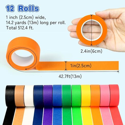 Colored Masking Tape 1 inch Wide - 12 Rolls 512' x 1'' Paper Tape - Vibrant, Adhesive, No Residue - Rainbow Colored Painters Tape for Art, Crafts, DIY, Labeling, Coding & Room Decoration in Kuwait