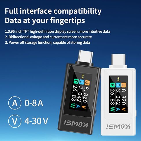 KWS-2303C USB C Tester Power Meter, 4-30V 0-8A Type-C Tester Digital Multimeter, Power Voltage and Current Tester Meter, Power Bank Capacity Voltmeter USB Cable Charger Detector (Black) in Kuwait