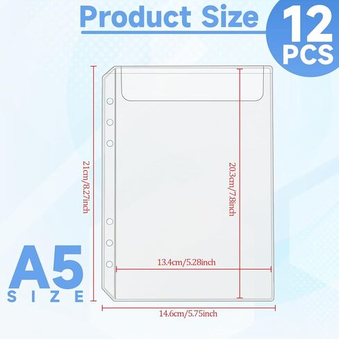 12PCS A5 Binder Pockets No Zipper, A5 Size 6 Holes Binder Inserts Budget Cash Envelopes Clear Binders Folders Document Filing Bags Money Organizer Bags for Saving Challenge in Kuwait