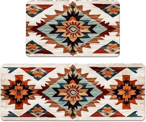 Rustic Navajo Kitchen Rugs Set of 2, Aztec Geometric Cotton Blend Linen Non Slip Kitchen Floor Mats for Home Office Bedroom Bathroom Laundry, Southwestern Gift, 17" x 29 + 17" x 47" in Saudi Arabia