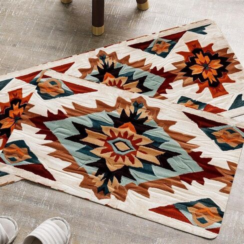 Rustic Navajo Kitchen Rugs Set of 2, Aztec Geometric Cotton Blend Linen Non Slip Kitchen Floor Mats for Home Office Bedroom Bathroom Laundry, Southwestern Gift, 17" x 29 + 17" x 47" in Saudi Arabia
