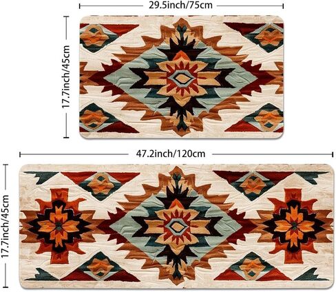 Rustic Navajo Kitchen Rugs Set of 2, Aztec Geometric Cotton Blend Linen Non Slip Kitchen Floor Mats for Home Office Bedroom Bathroom Laundry, Southwestern Gift, 17" x 29 + 17" x 47" in Saudi Arabia