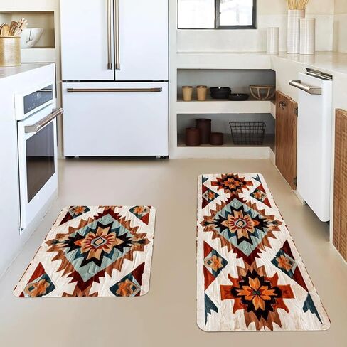 Rustic Navajo Kitchen Rugs Set of 2, Aztec Geometric Cotton Blend Linen Non Slip Kitchen Floor Mats for Home Office Bedroom Bathroom Laundry, Southwestern Gift, 17" x 29 + 17" x 47" in Saudi Arabia