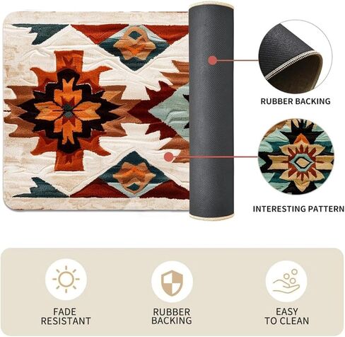 Rustic Navajo Kitchen Rugs Set of 2, Aztec Geometric Cotton Blend Linen Non Slip Kitchen Floor Mats for Home Office Bedroom Bathroom Laundry, Southwestern Gift, 17" x 29 + 17" x 47" in Saudi Arabia