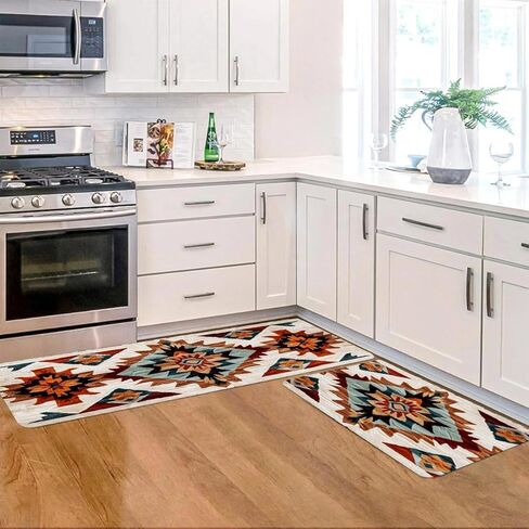 Rustic Navajo Kitchen Rugs Set of 2, Aztec Geometric Cotton Blend Linen Non Slip Kitchen Floor Mats for Home Office Bedroom Bathroom Laundry, Southwestern Gift, 17" x 29 + 17" x 47" in Saudi Arabia