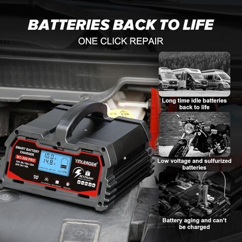 شاحن بطارية 20 أمبير، شاحن بطارية ذكي من حمض الرصاص 12 فولت/24 فولت، شاحن 12 فولت LiFePO4 لبطارية السيارة، جهاز صيانة تلقائي للبطارية للسيارة والدراجة النارية وجزازة العشب وبطاريات حمض الرصاص للقوارب البحرية in Kuwait