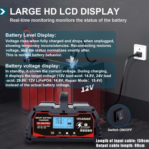 شاحن بطارية 20 أمبير، شاحن بطارية ذكي من حمض الرصاص 12 فولت/24 فولت، شاحن 12 فولت LiFePO4 لبطارية السيارة، جهاز صيانة تلقائي للبطارية للسيارة والدراجة النارية وجزازة العشب وبطاريات حمض الرصاص للقوارب البحرية in Kuwait