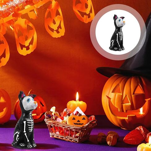 تمثال كلب موسانر يوم الموتى، تمثال كلب الهالوين، جماجم السكر، تمثال حيوان من الراتنج، منحوتة هيكل عظمي لتزيين مكتب المنزل في الهالوين in Kuwait