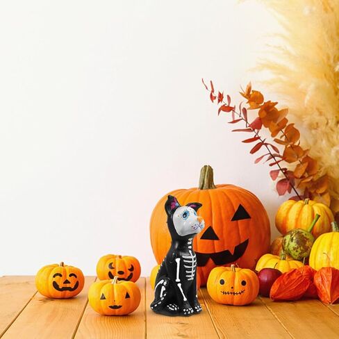 تمثال كلب موسانر يوم الموتى، تمثال كلب الهالوين، جماجم السكر، تمثال حيوان من الراتنج، منحوتة هيكل عظمي لتزيين مكتب المنزل في الهالوين in Kuwait