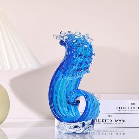 Blue Hand Blown Glass Ocean Wave Statue,Fused Sea Glass Art Decor,Abstract Wave Sculpture Ornament,Coastal Nautical Themed,Beach House Decor,Coffee Table,TV Stand,Bookshelf,Entryway,Office,Counter in Saudi Arabia