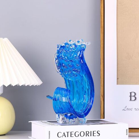 Blue Hand Blown Glass Ocean Wave Statue,Fused Sea Glass Art Decor,Abstract Wave Sculpture Ornament,Coastal Nautical Themed,Beach House Decor,Coffee Table,TV Stand,Bookshelf,Entryway,Office,Counter in Saudi Arabia