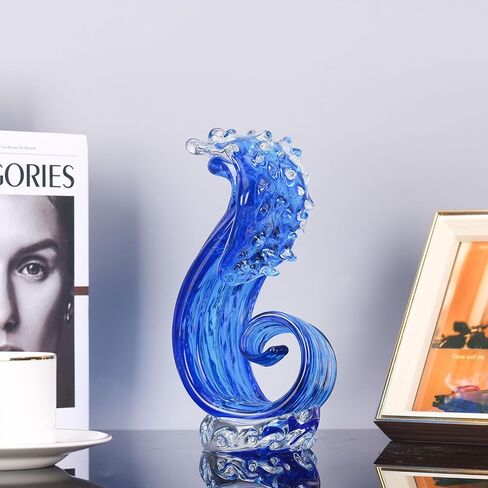 Blue Hand Blown Glass Ocean Wave Statue,Fused Sea Glass Art Decor,Abstract Wave Sculpture Ornament,Coastal Nautical Themed,Beach House Decor,Coffee Table,TV Stand,Bookshelf,Entryway,Office,Counter in Saudi Arabia