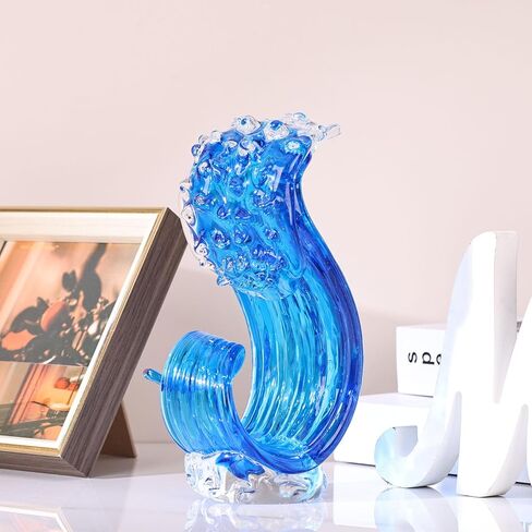 Blue Hand Blown Glass Ocean Wave Statue,Fused Sea Glass Art Decor,Abstract Wave Sculpture Ornament,Coastal Nautical Themed,Beach House Decor,Coffee Table,TV Stand,Bookshelf,Entryway,Office,Counter in Saudi Arabia