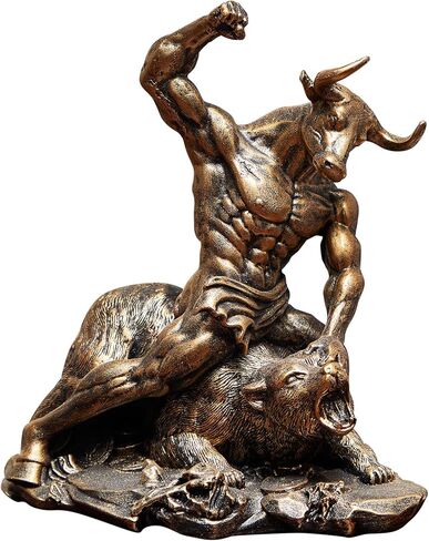 تمثال AETVRNI Wall Street Bull & Bear - ديكور مكتب سوق الأسهم يشبه البرونز الراتنجي، 7x4.5x8in، برونزي in Kuwait