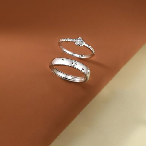Sdouefos 925 Sterling Silver Couple Rings Set Prince and Rose Couple Finger Rings Set Adjustable Finger Rings Love Token Open Rings for Girlfriend and Boyfriend Valentine's Day Gift Jewelry in Saudi Arabia