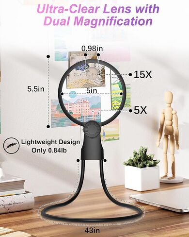 عدسة مكبرة بدون استخدام اليدين مع ضوء، عدسة مكبرة للرقبة مضاءة 5X 15X للحرف اليدوية المتقاطعة وتطريز التطريز وقراءة التطريز، نظارات مكبرة للعمل الوثيق، وكبار السن ضعاف الرؤية in Kuwait