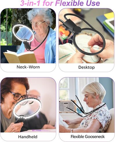 عدسة مكبرة بدون استخدام اليدين مع ضوء، عدسة مكبرة للرقبة مضاءة 5X 15X للحرف اليدوية المتقاطعة وتطريز التطريز وقراءة التطريز، نظارات مكبرة للعمل الوثيق، وكبار السن ضعاف الرؤية in Kuwait