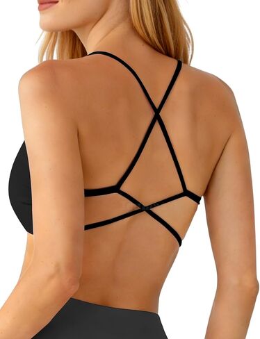 Strappy Back Workout Bras for Women Open Back Soft V-Neck Gym Yoga Bra with Removable Cups in Saudi Arabia