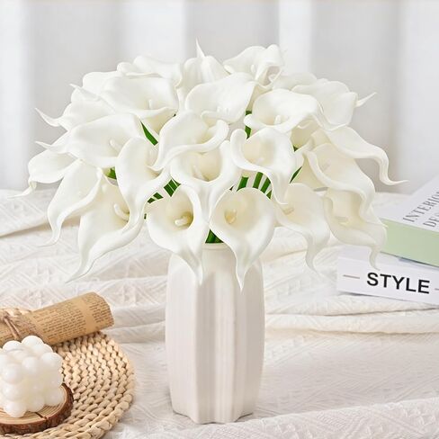 Yastouay 24 Pcs Calla Lily Artificial Flowers, Real Touch Pure White Artificial Flowers Wedding Bouquet, Real Look Fake Flowers for Wedding Home Indoor Outdoor Centerpiece Decor in Kuwait