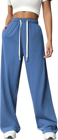 PAODIKUAI Women's Wide Leg Sweatpants Elastic Drawstring High Waisted Straight Leg Lounge Pants with Pockets in Saudi Arabia