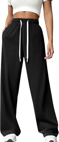PAODIKUAI Women's Wide Leg Sweatpants Elastic Drawstring High Waisted Straight Leg Lounge Pants with Pockets in Saudi Arabia