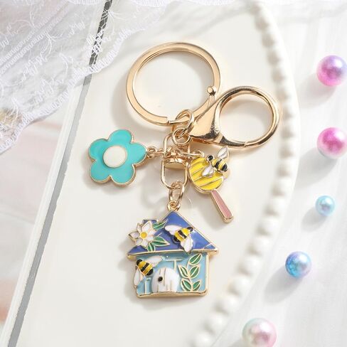 House Keychain,Bee Keychain with Flower Charm for Handbag,Bee Gifts for Women Friends Daugther Birthday Christmas in Saudi Arabia