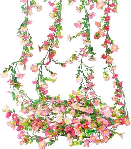 CISDUEO 4 Pcs Artificial Daisy Flowers Vine Silk Flower Garland Spring Fake Flower Vine Hanging Ivy with Pink Daisy Flowers Green Leaves for Wall Party Wedding Arch Floral Decor Home Indoor Outdoor in Kuwait