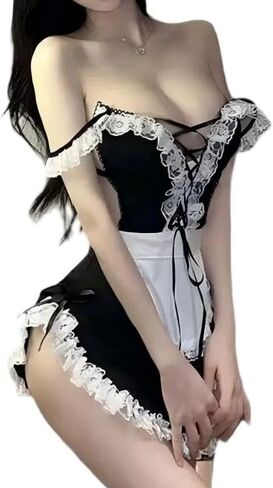 Women's French Maid Lingerie Set - 2 Piece Lace Cosplay Costume Dress with Apron, Anime Roleplay Outfit Without Stockings (One Size in Saudi Arabia