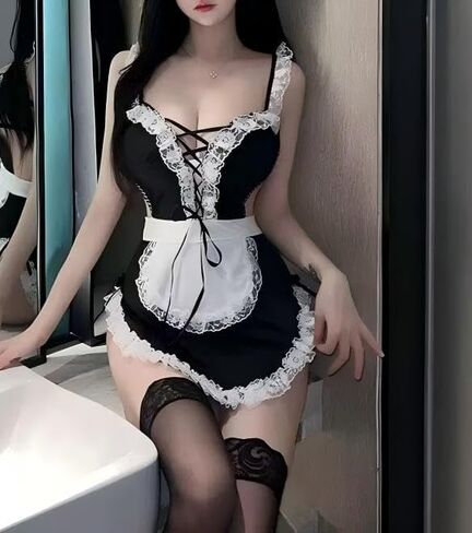 Women's French Maid Lingerie Set - 2 Piece Lace Cosplay Costume Dress with Apron, Anime Roleplay Outfit Without Stockings (One Size in Saudi Arabia